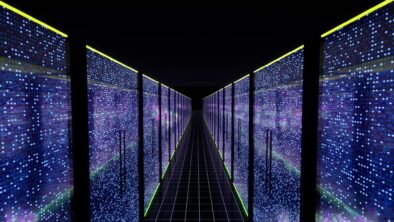 Modern data center servers room with neon lights AI iot learning 3d rendering