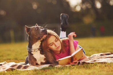 Reading the book. Woman in casual clothes is with pit bull outdoors