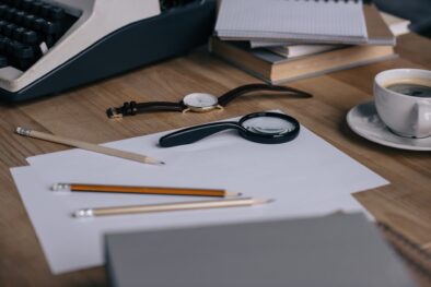 close-up shot of writer workplace with supplies