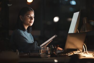 Computer tech, night and woman with tablet working on database programming code, ai development des